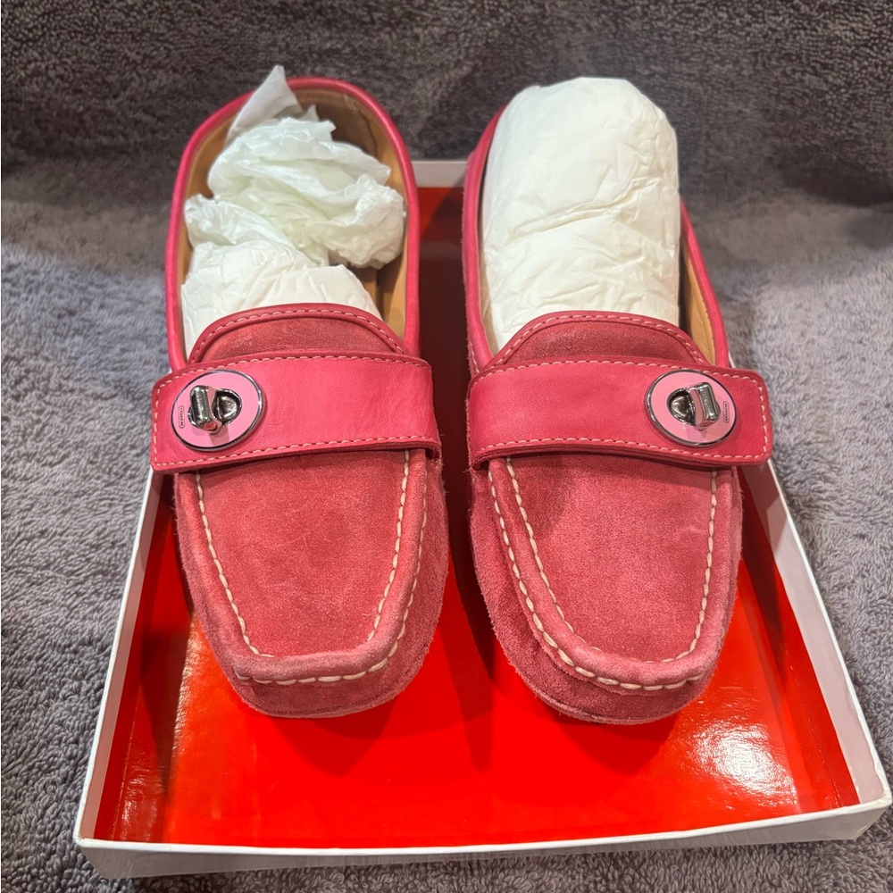 Coach Pink Suede Loafers with Buckle Detail